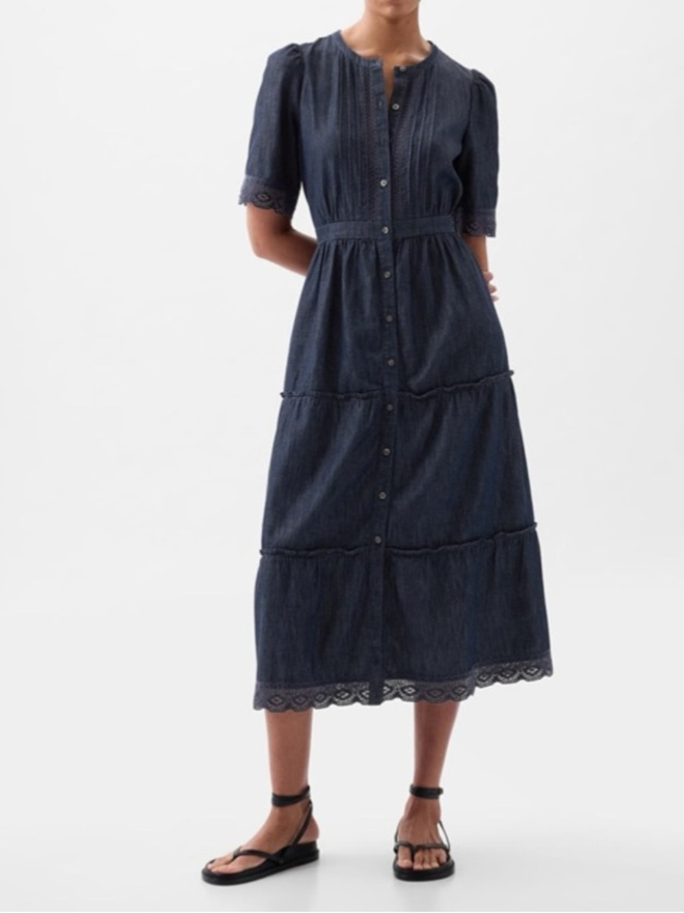 GAP Dark Indigo Lace-Trim Tiered Denim Midi Dress XXS